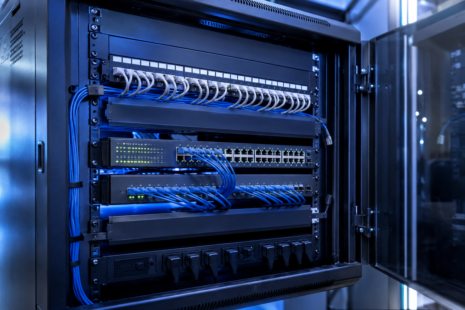 Sauber verkabelter Netzwerkschrank mit Patchpanel und Switch