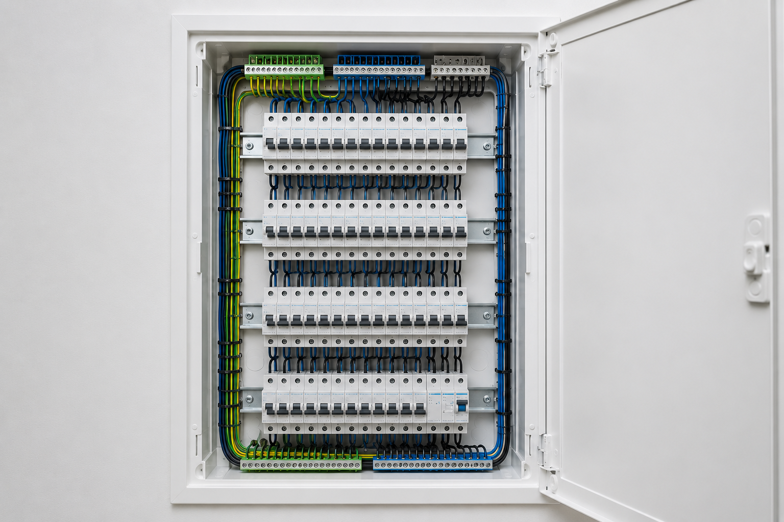Moderner Verteilerschrank mit sauber verdrahteten Sicherungsreihen
